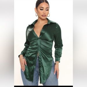 Fashion Nova: Run This Show Satin Shirt - Hunter